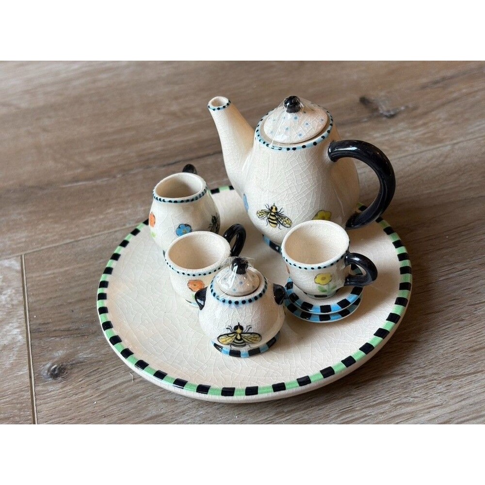 Vintage Miniature Bee Tea Set 10 Pc Crackle Glaze Floral Ceramic Tea Party Set